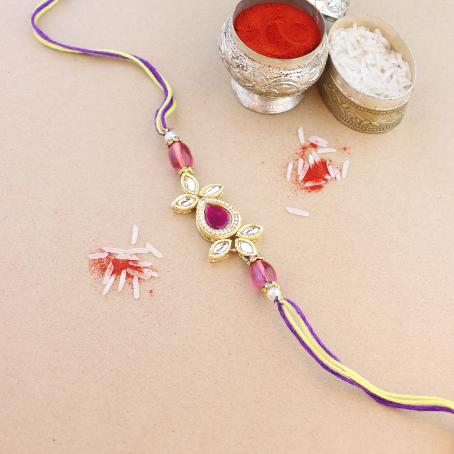 Beautiful Kundan & Pearl Rakhi with Roli Chawal & Card