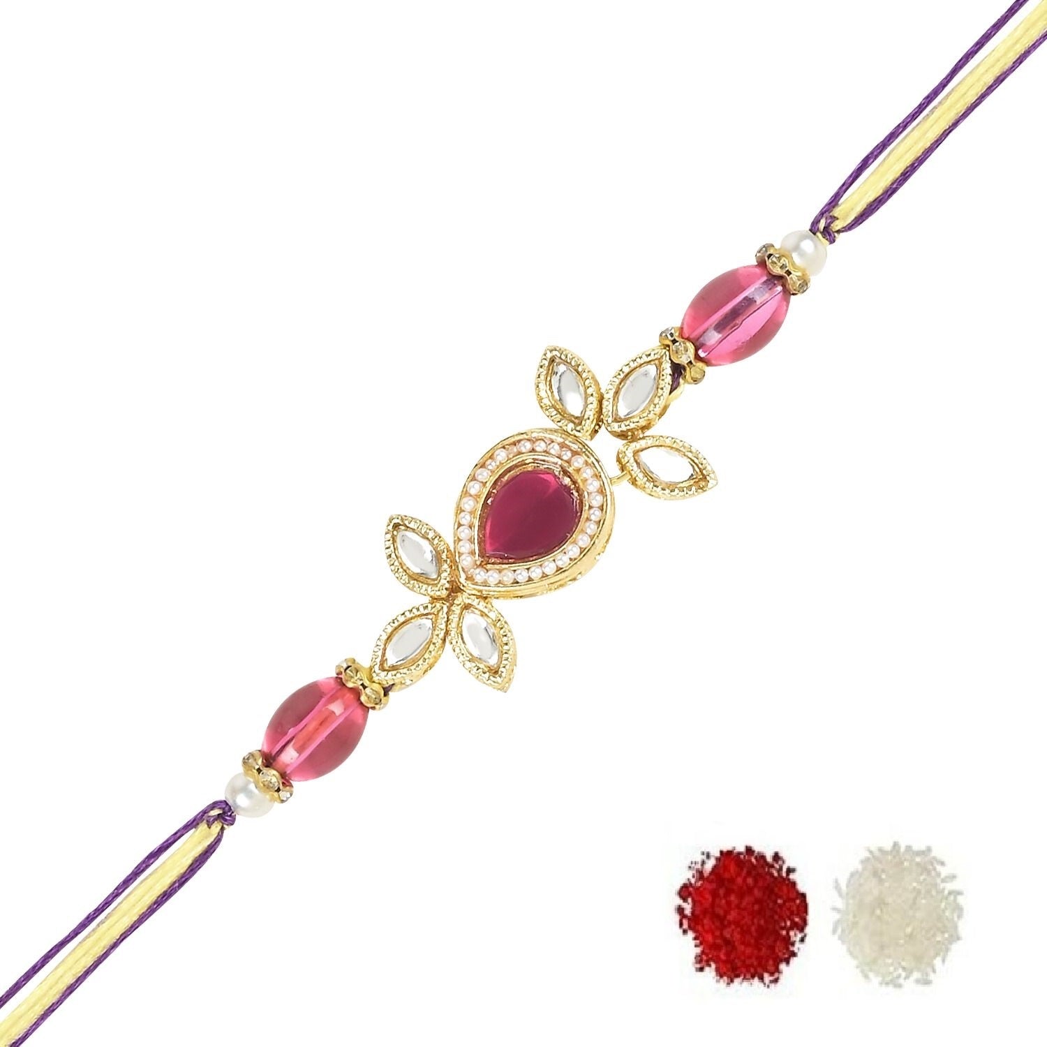 Beautiful Kundan & Pearl Rakhi with Roli Chawal & Card
