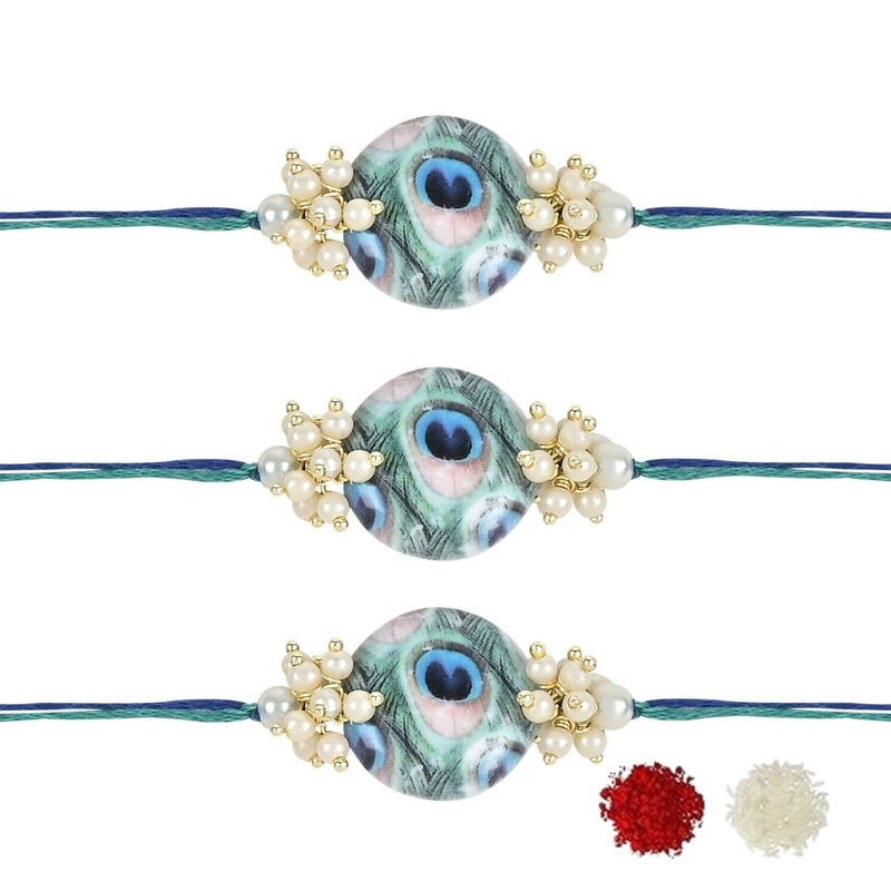 Beautiful Peacock Feather Rakhi with Roli Chawal & Card (Pack of 3)
