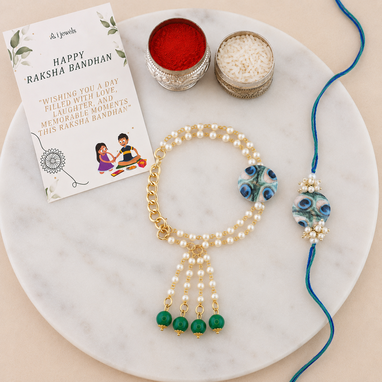 Elegant Bhaiya Bhabhi Lumba Peacock Feather Rakhi With Roli Chawal & Card