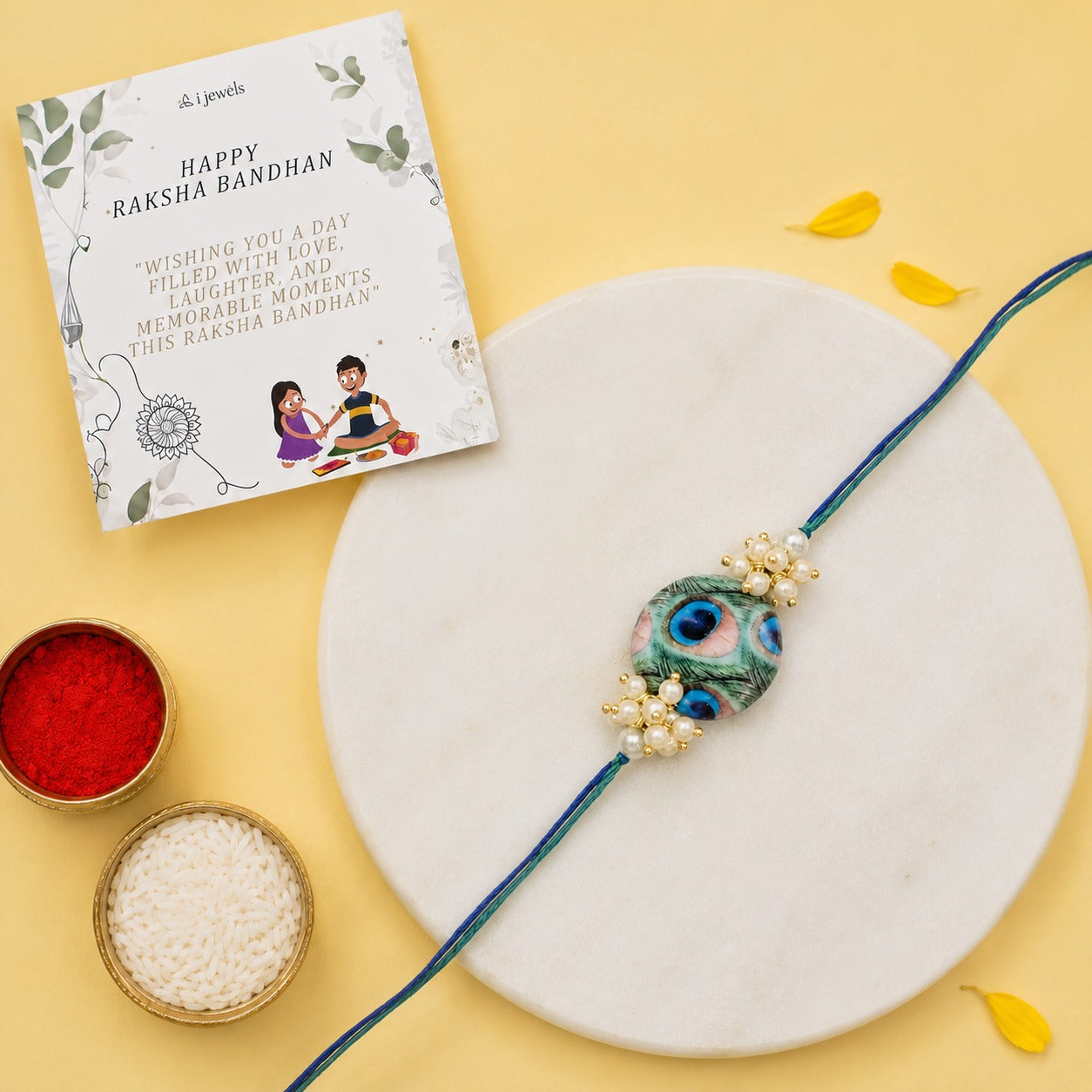 Beautiful Peacock Feather Rakhi with Roli Chawal & Card