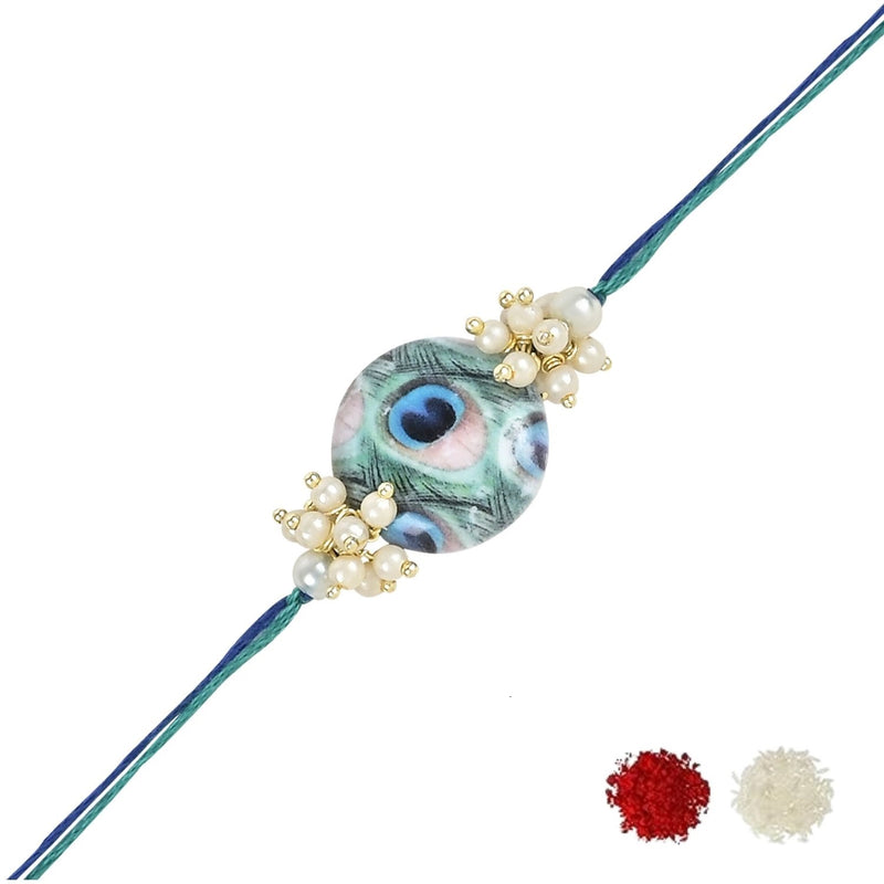 Beautiful Peacock Feather Rakhi with Roli Chawal & Card