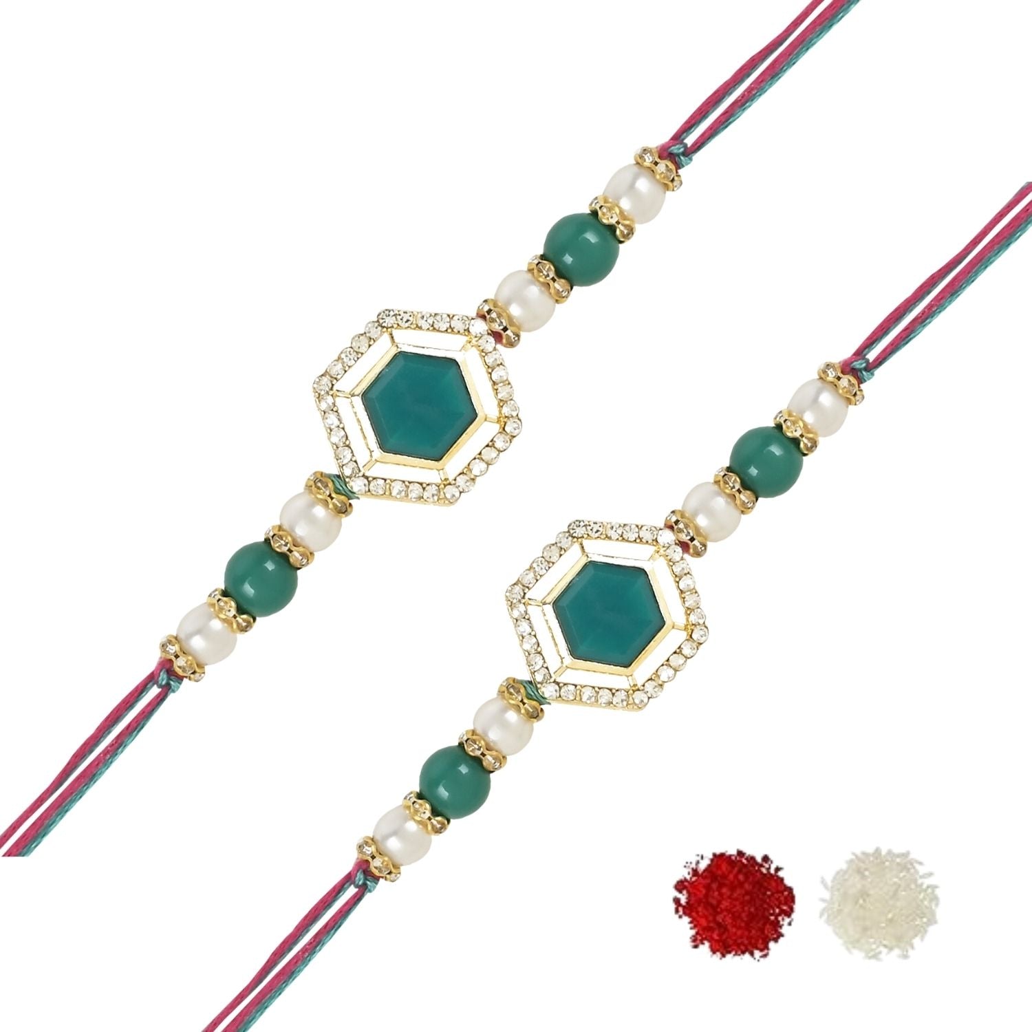 Beautiful Kundan & Pearl Rakhi with Roli Chawal & Card (Pack of 2)