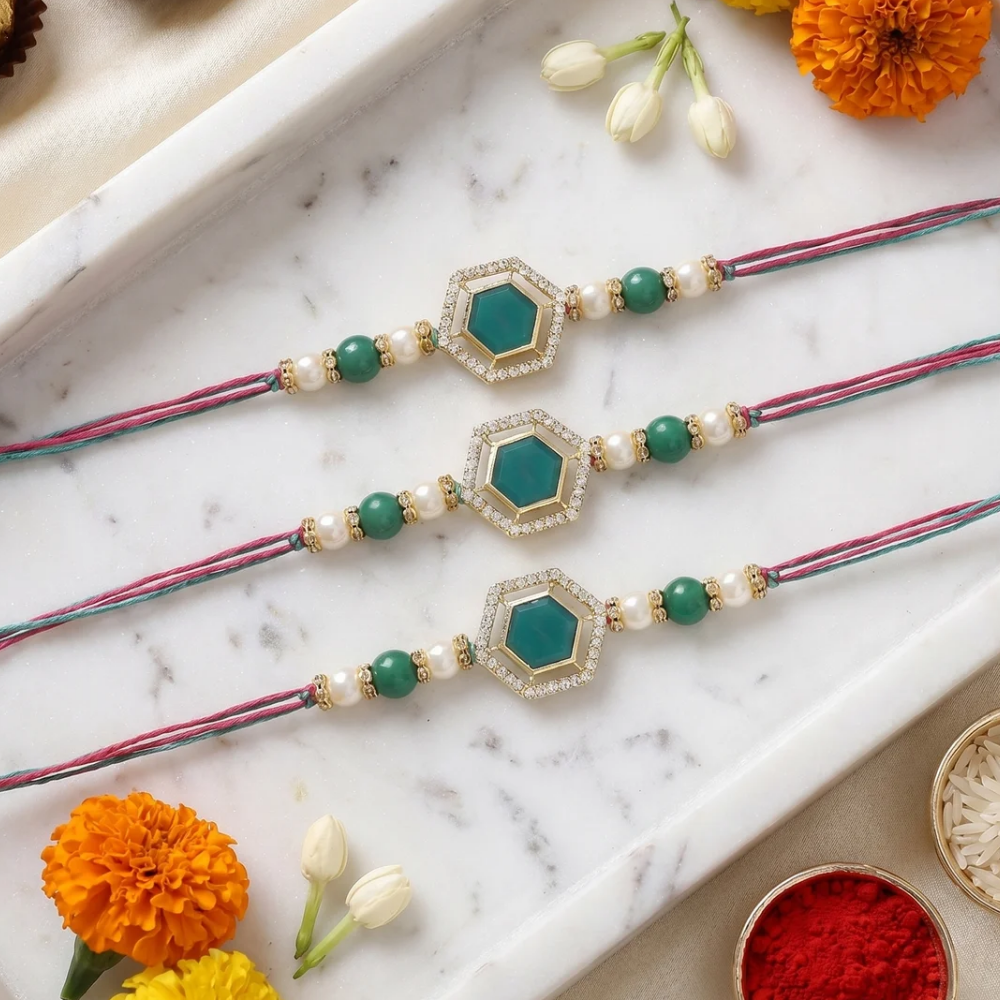 Beautiful Kundan & Pearl Rakhi with Roli Chawal & Card (Pack of 3)