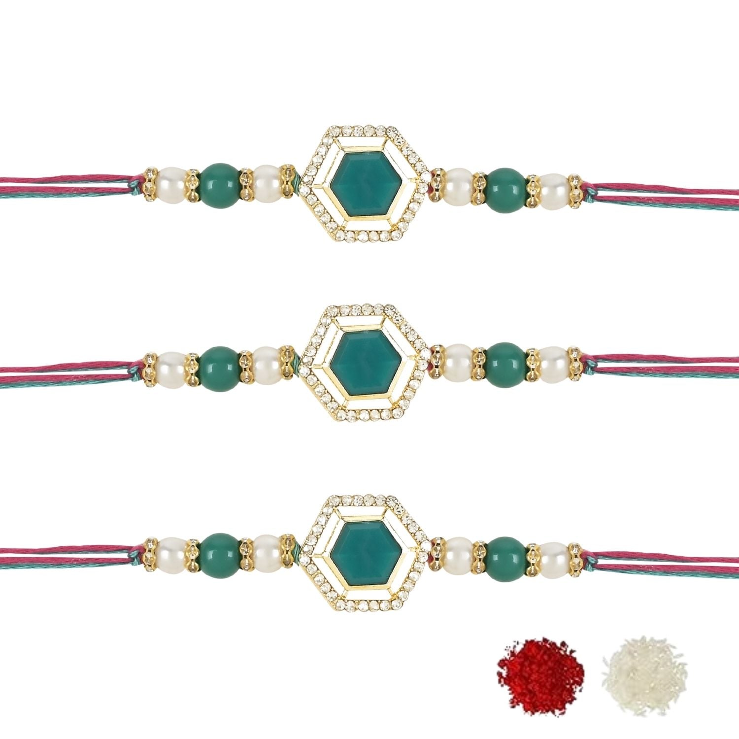 Beautiful Kundan & Pearl Rakhi with Roli Chawal & Card (Pack of 3)