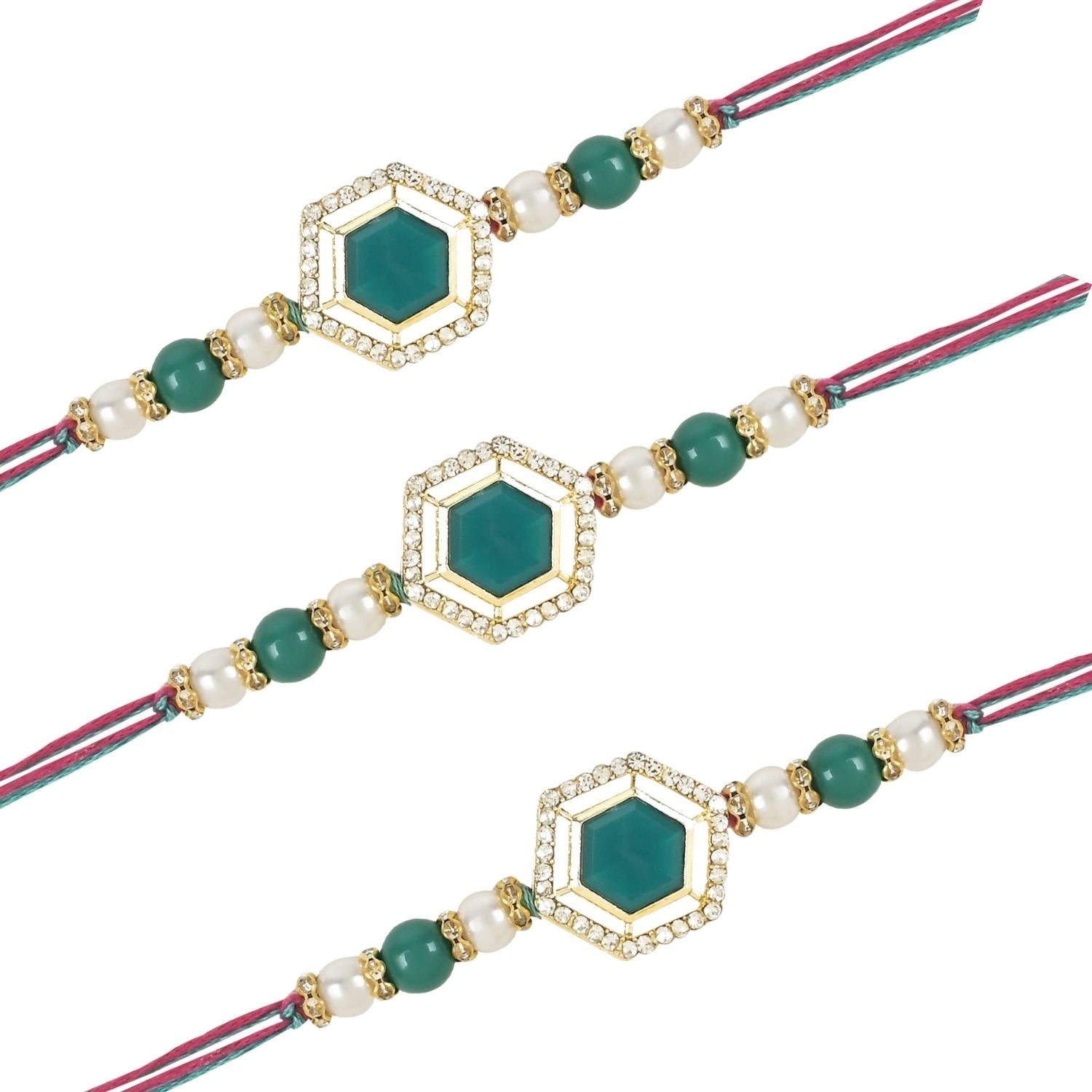 Beautiful Kundan & Pearl Rakhi with Roli Chawal & Card (Pack of 3)