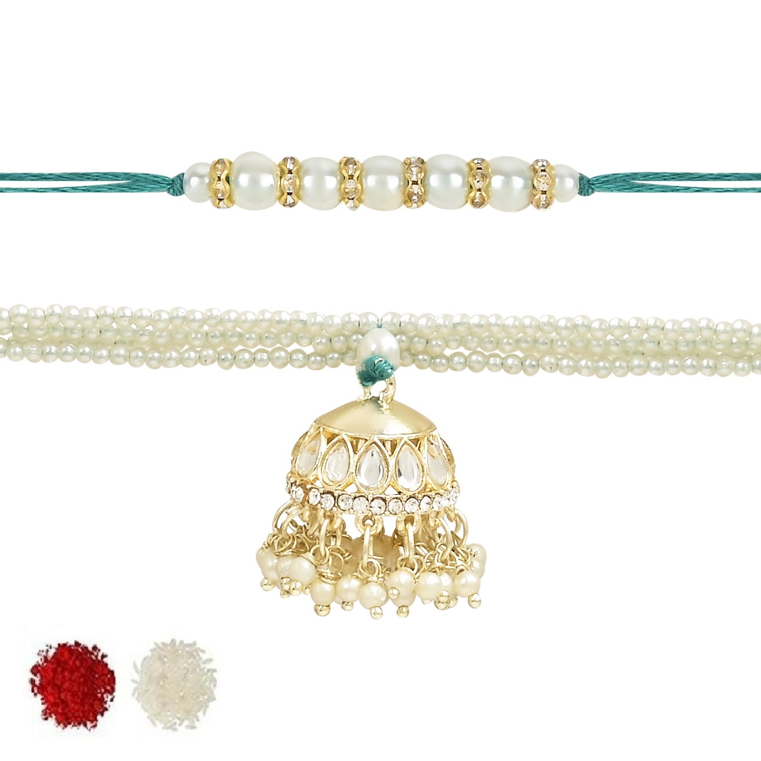Elegant Bhaiya Bhabhi Lumba & Pearl Rakhi With Roli Chawal & Card