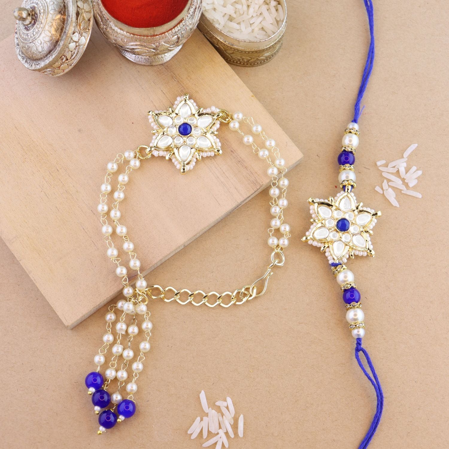 Elegant Bhaiya Bhabhi Lumba & Pearl Rakhi With Roli Chawal & Card