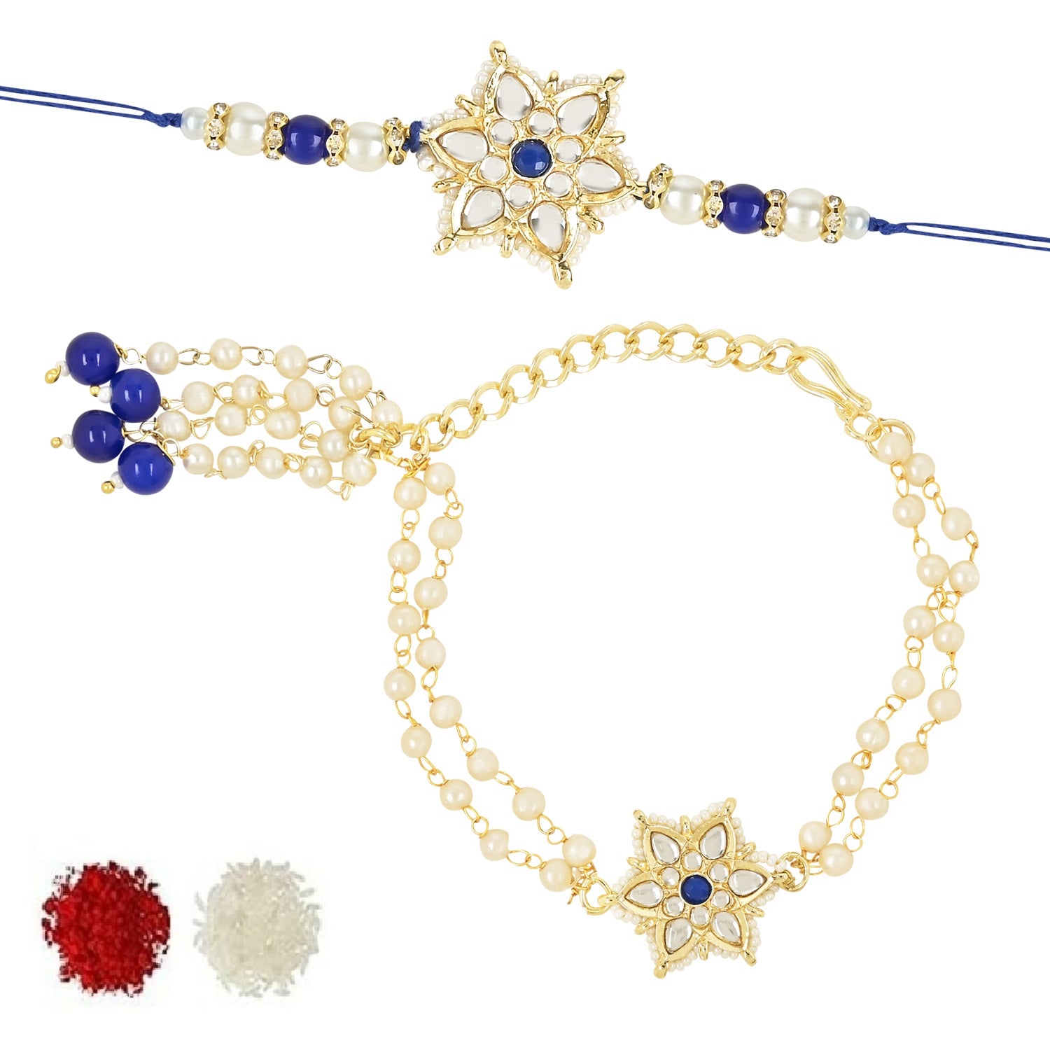 Elegant Bhaiya Bhabhi Lumba & Pearl Rakhi With Roli Chawal & Card