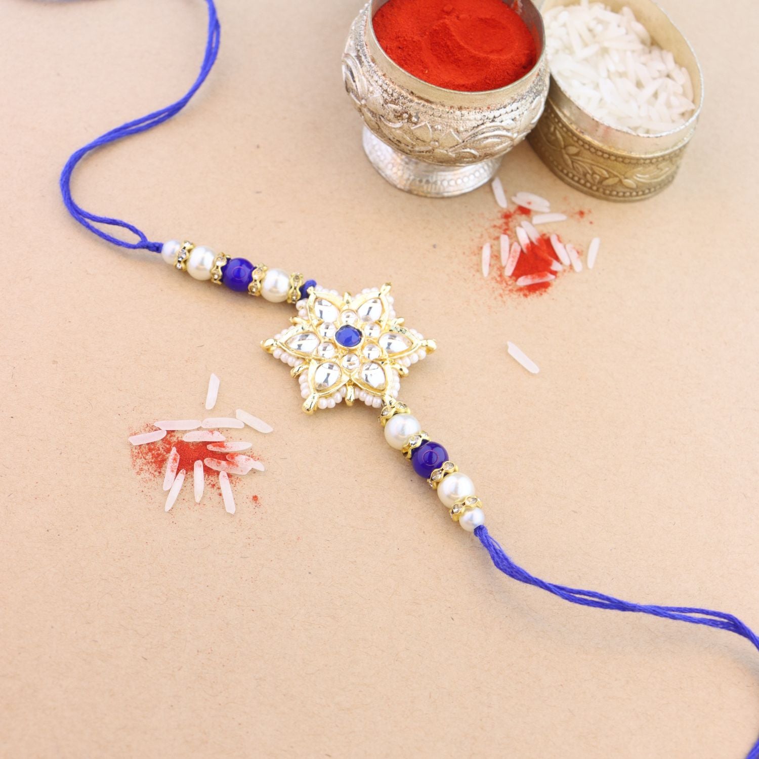 Beautiful Kundan & Pearl Rakhi with Roli Chawal & Card