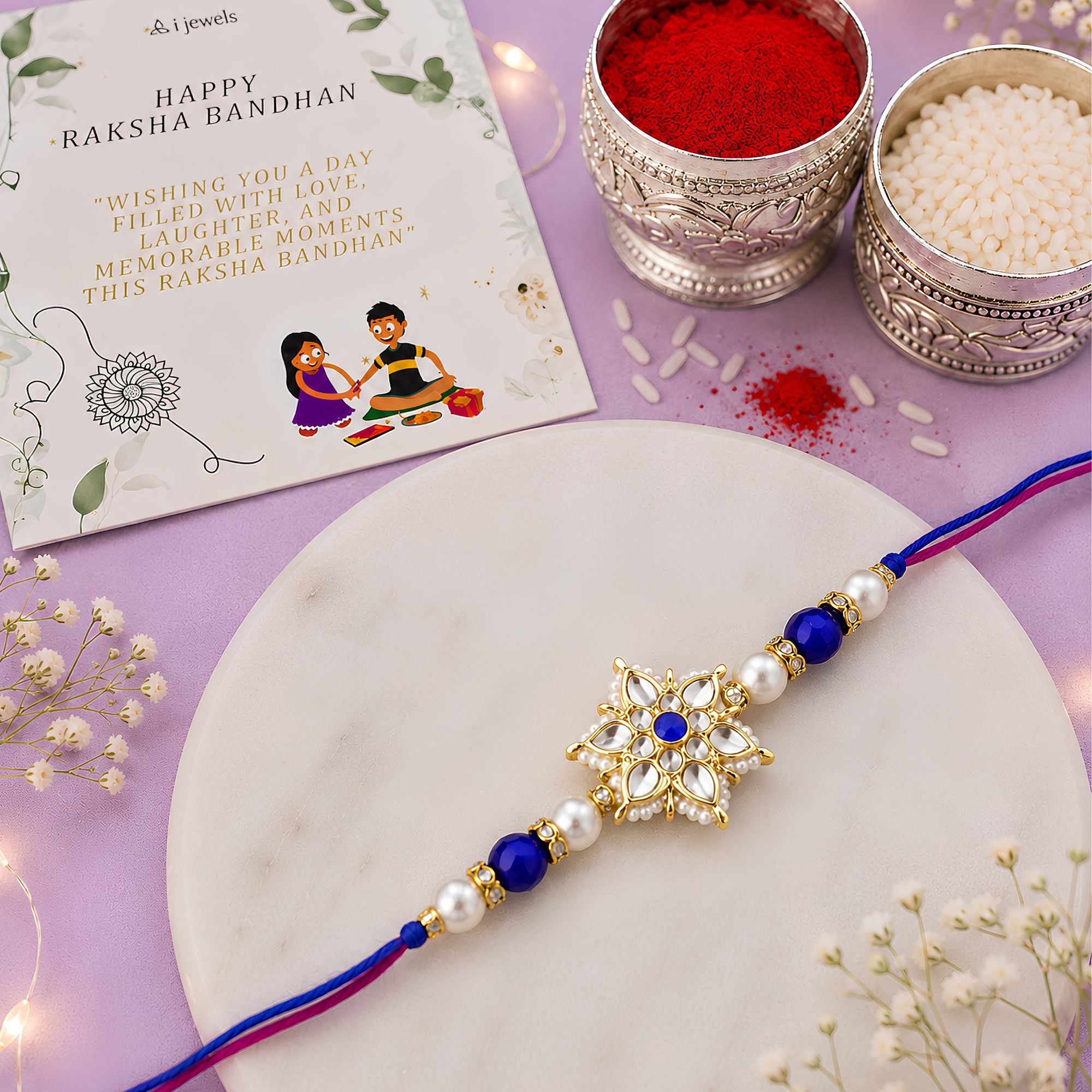 Beautiful Kundan & Pearl Rakhi with Roli Chawal & Card