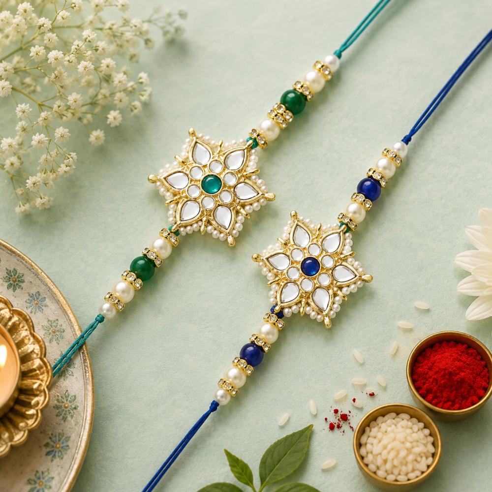 Beautiful Kundan & Pearl Rakhi with Roli Chawal & Card (Pack of 2)