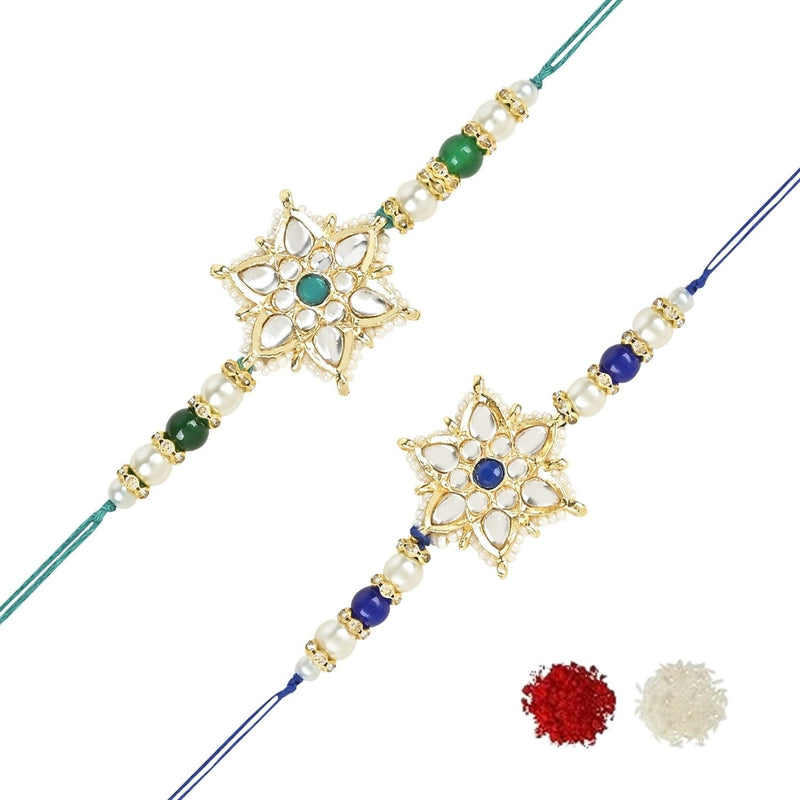 Beautiful Kundan & Pearl Rakhi with Roli Chawal & Card (Pack of 2)