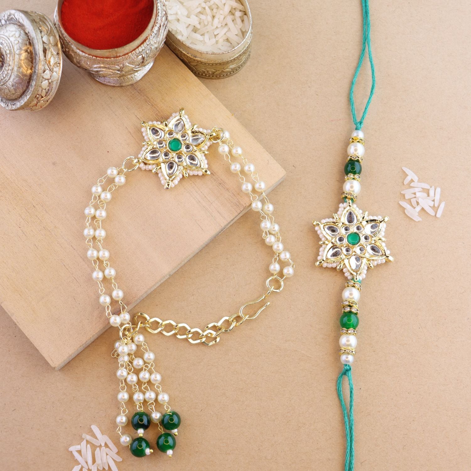 Elegant Bhaiya Bhabhi Lumba & Pearl Rakhi With Roli Chawal & Card