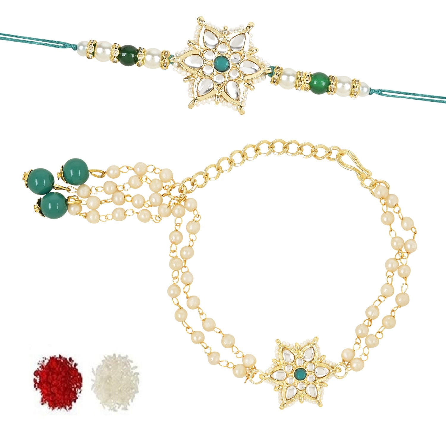 Elegant Bhaiya Bhabhi Lumba & Pearl Rakhi With Roli Chawal & Card