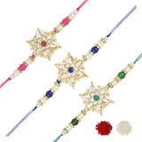 Beautiful Kundan & Pearl Rakhi with Roli Chawal & Card (Pack of 3)