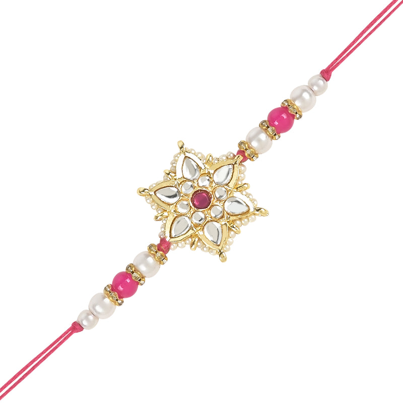 Beautiful Kundan & Pearl Rakhi with Roli Chawal & Card (Pack of 3)