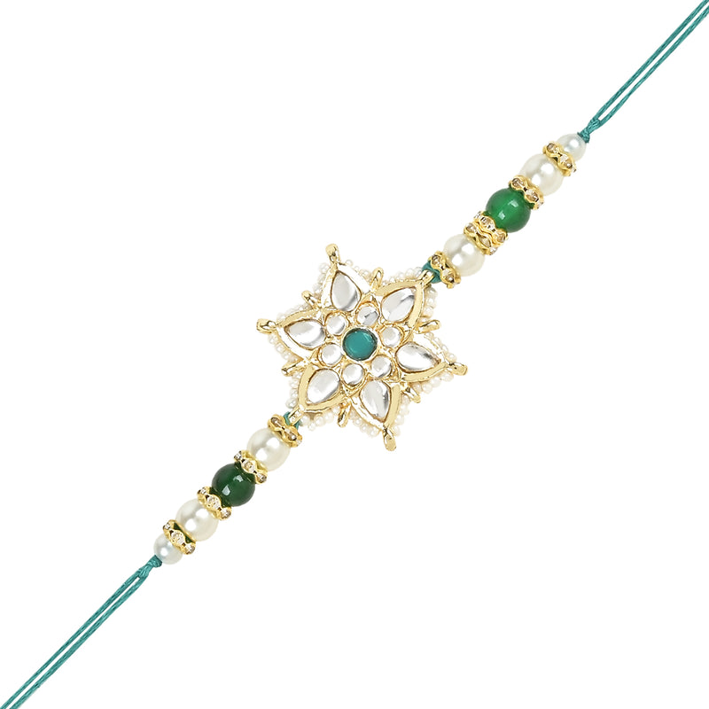 Beautiful Kundan & Pearl Rakhi with Roli Chawal & Card (Pack of 3)