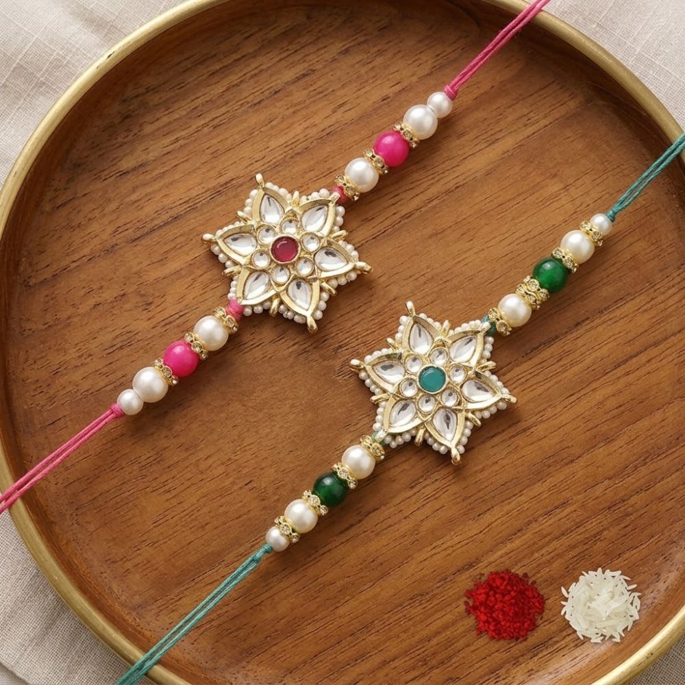 Beautiful Kundan & Pearl Rakhi with Roli Chawal & Card (Pack of 2)