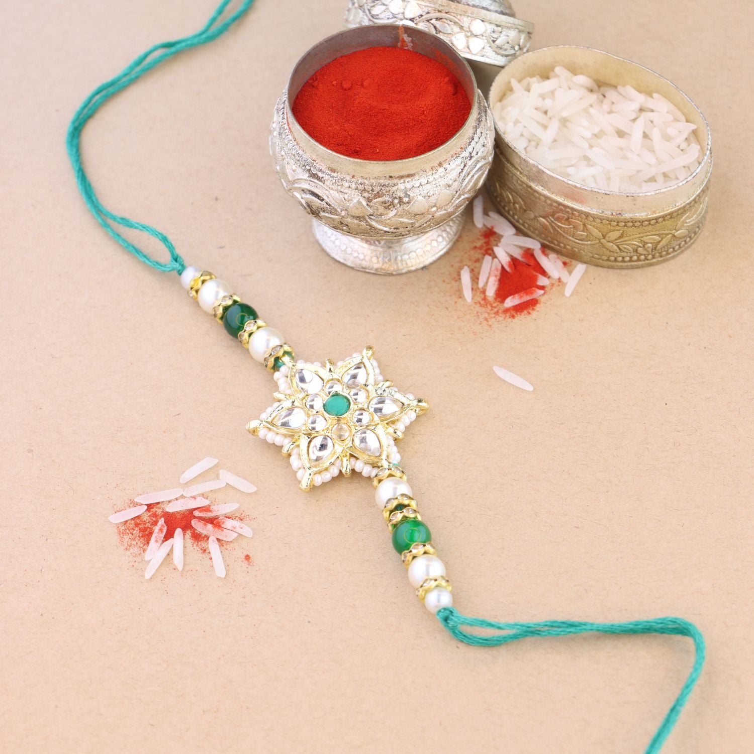 Beautiful Kundan & Pearl Rakhi with Roli Chawal & Card