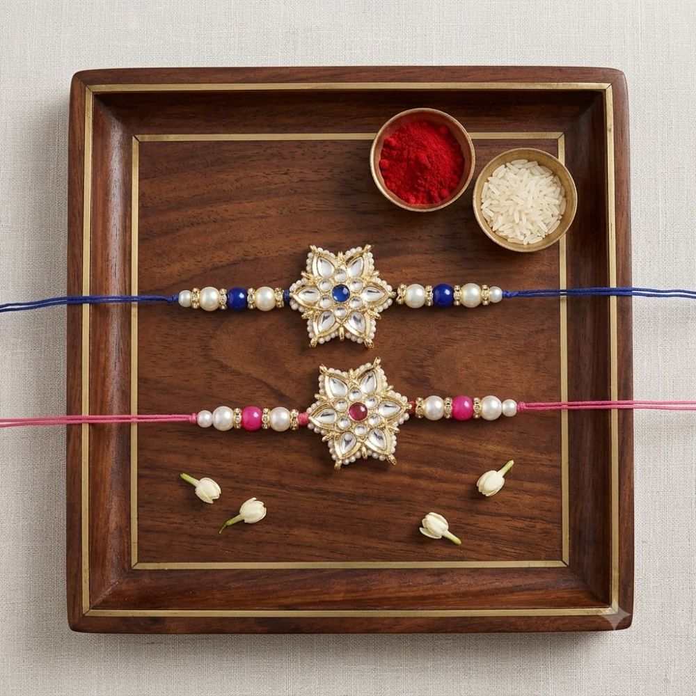 Beautiful Kundan & Pearl Rakhi with Roli Chawal & Card (Pack of 2)