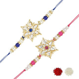 Beautiful Kundan & Pearl Rakhi with Roli Chawal & Card (Pack of 2)