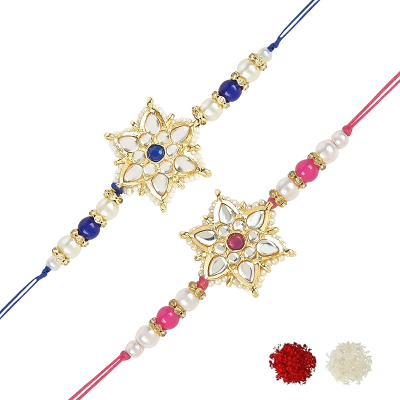 Beautiful Kundan & Pearl Rakhi with Roli Chawal & Card (Pack of 2)