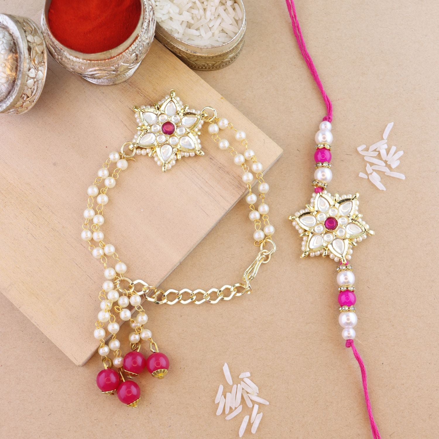 Elegant Bhaiya Bhabhi Lumba & Pearl Rakhi With Roli Chawal & Card