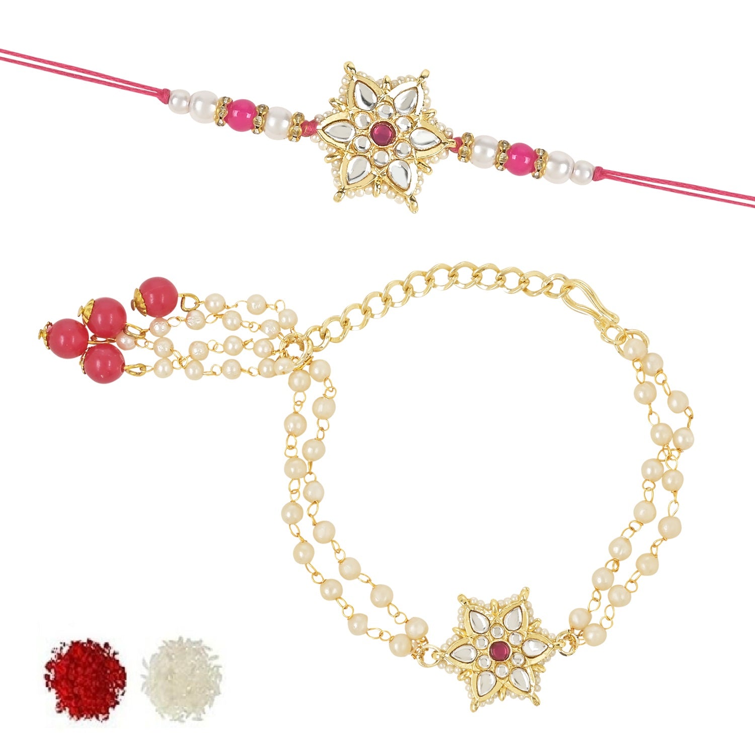 Elegant Bhaiya Bhabhi Lumba & Pearl Rakhi With Roli Chawal & Card