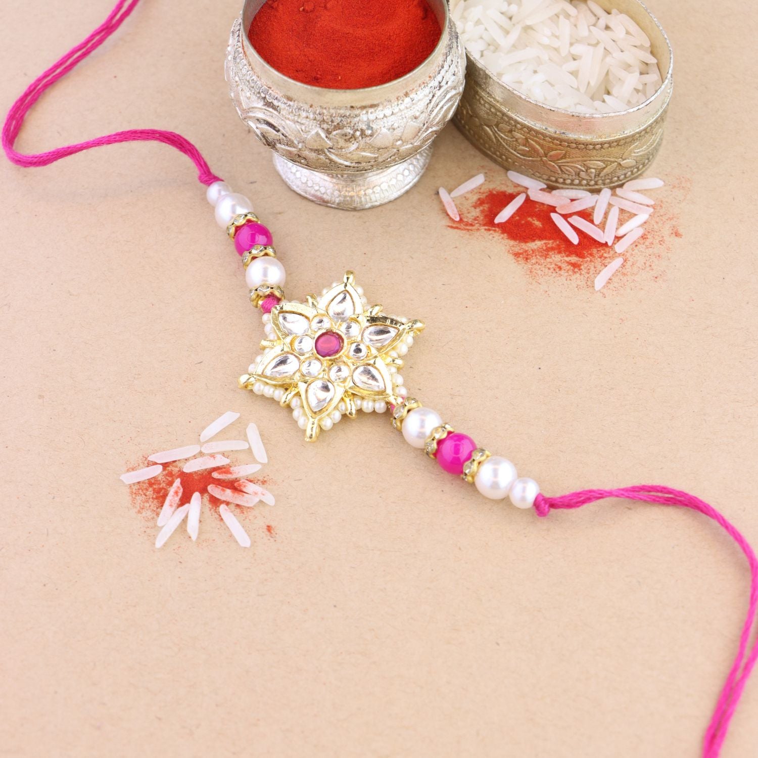 Beautiful Kundan & Pearl Rakhi with Roli Chawal & Card