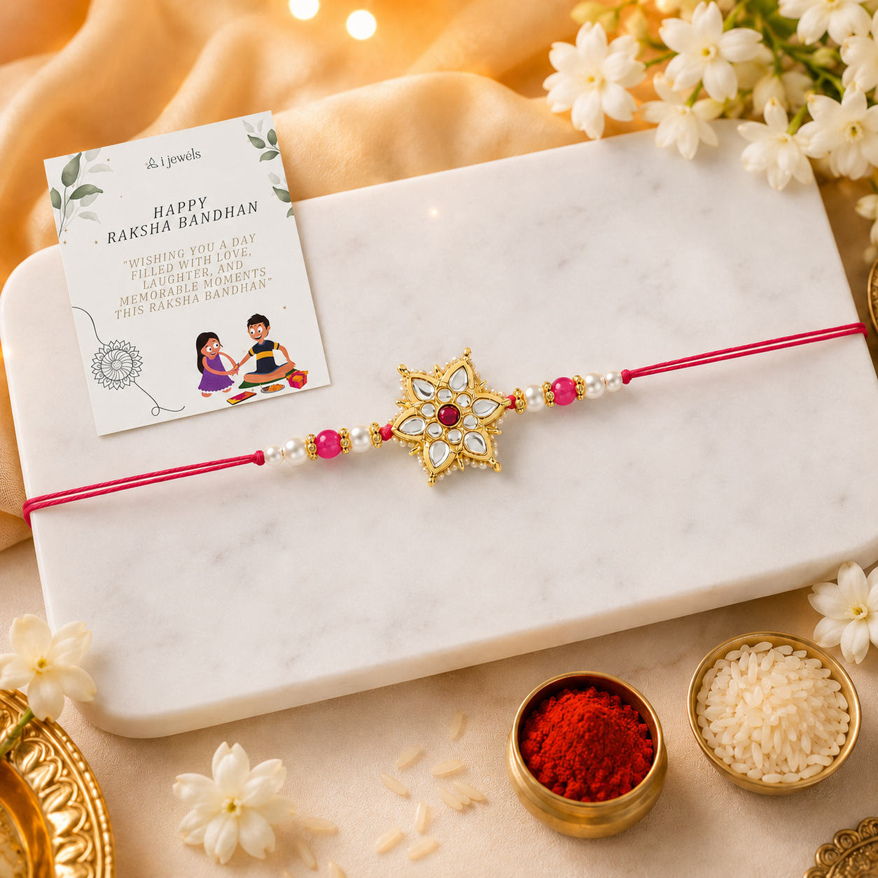 Beautiful Kundan & Pearl Rakhi with Roli Chawal & Card