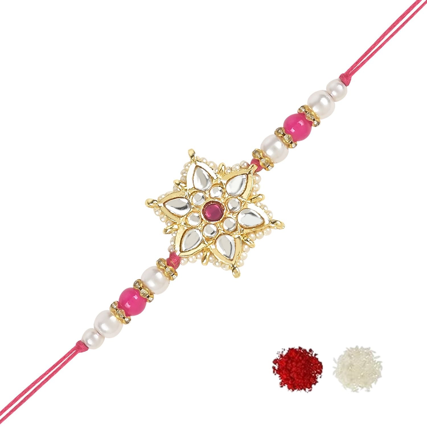 Beautiful Kundan & Pearl Rakhi with Roli Chawal & Card