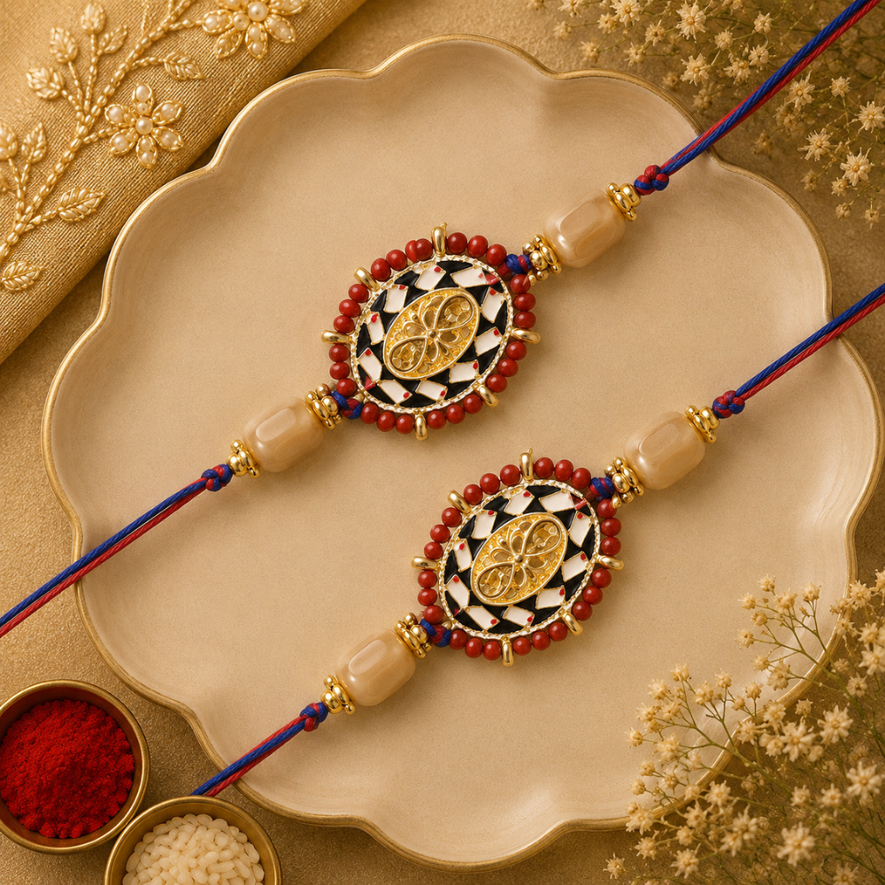 Beautiful Kundan & Pearl Rakhi with Roli Chawal & Card (Pack of 2)