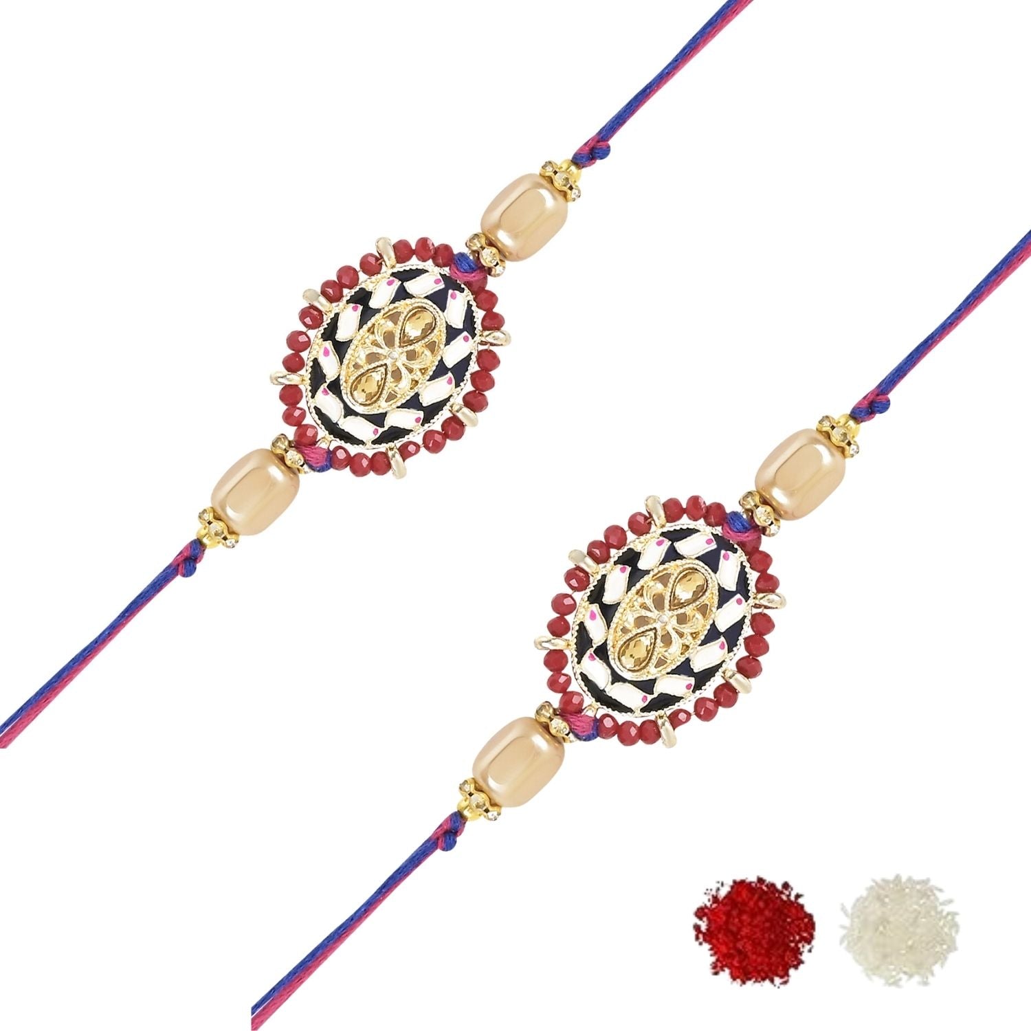 Beautiful Kundan & Pearl Rakhi with Roli Chawal & Card (Pack of 2)