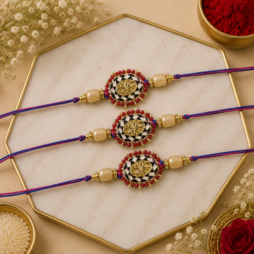 Beautiful Kundan & Pearl Rakhi with Roli Chawal & Card (Pack of 3)