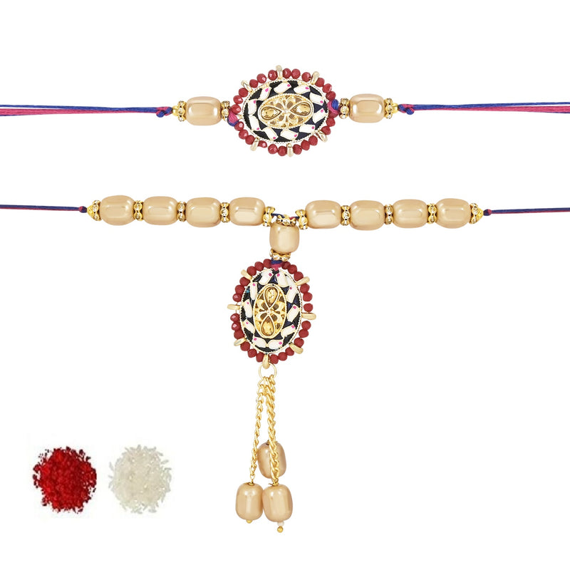 Elegant Bhaiya Bhabhi Lumba Pearl Rakhi With Roli Chawal & Card