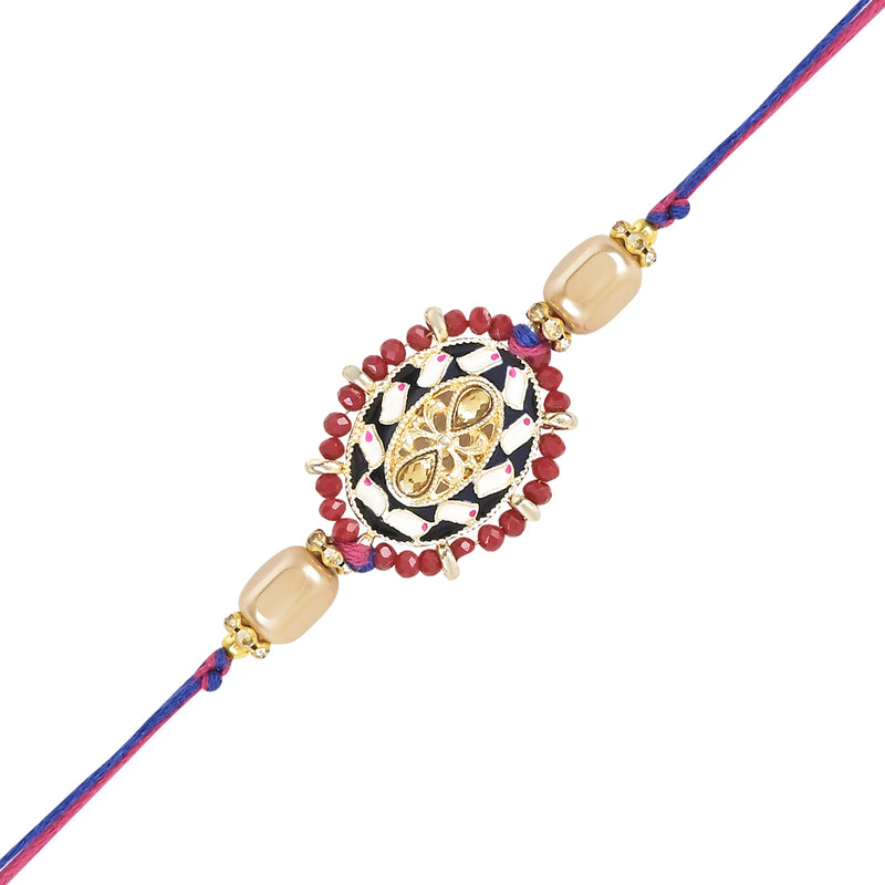 Elegant Bhaiya Bhabhi Lumba Pearl Rakhi With Roli Chawal & Card