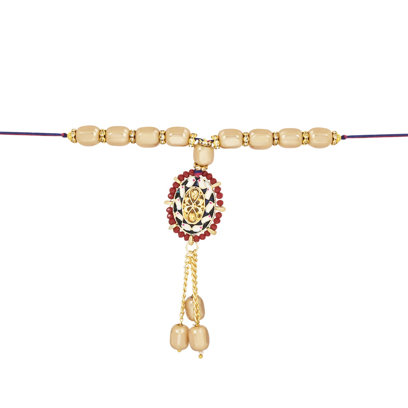 Elegant Bhaiya Bhabhi Lumba Pearl Rakhi With Roli Chawal & Card