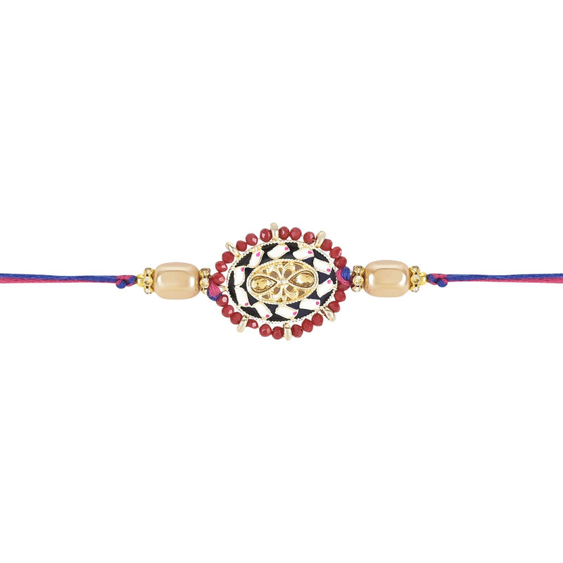 Beautiful Kundan & Pearl Rakhi with Roli Chawal & Card