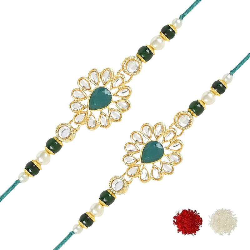 Beautiful Kundan & Pearl Rakhi with Roli Chawal & Card (Pack of 2)