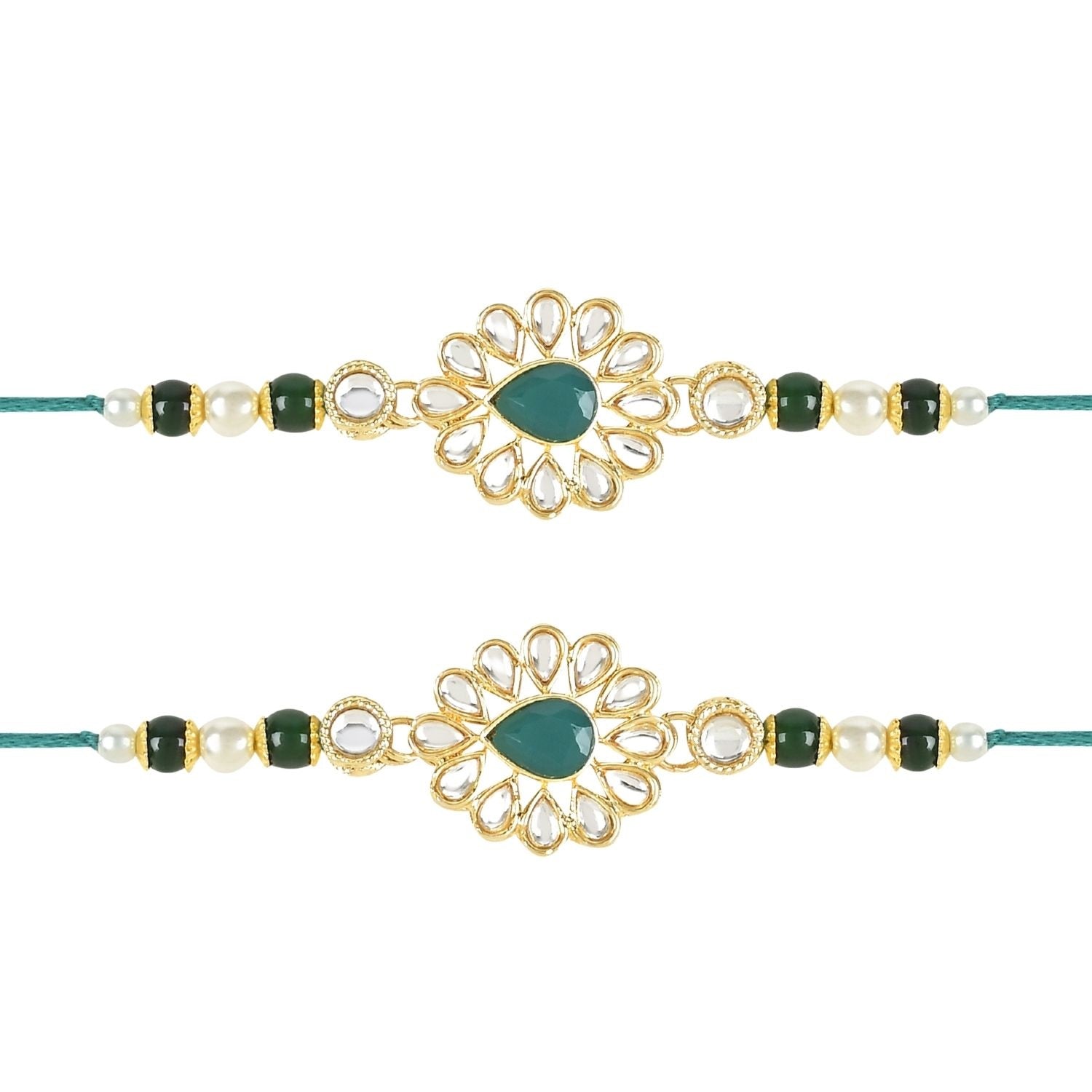 Beautiful Kundan & Pearl Rakhi with Roli Chawal & Card (Pack of 2)