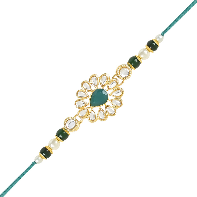 Elegant Bhaiya Bhabhi Lumba Pearl Rakhi With Roli Chawal & Card