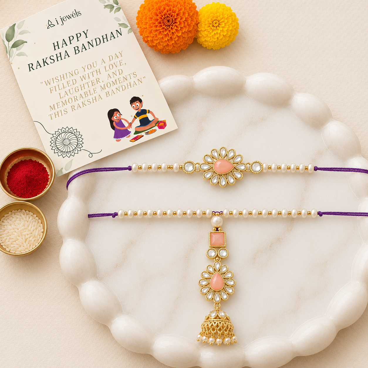 Elegant Bhaiya Bhabhi Lumba & Pearl Rakhi With Roli Chawal & Card