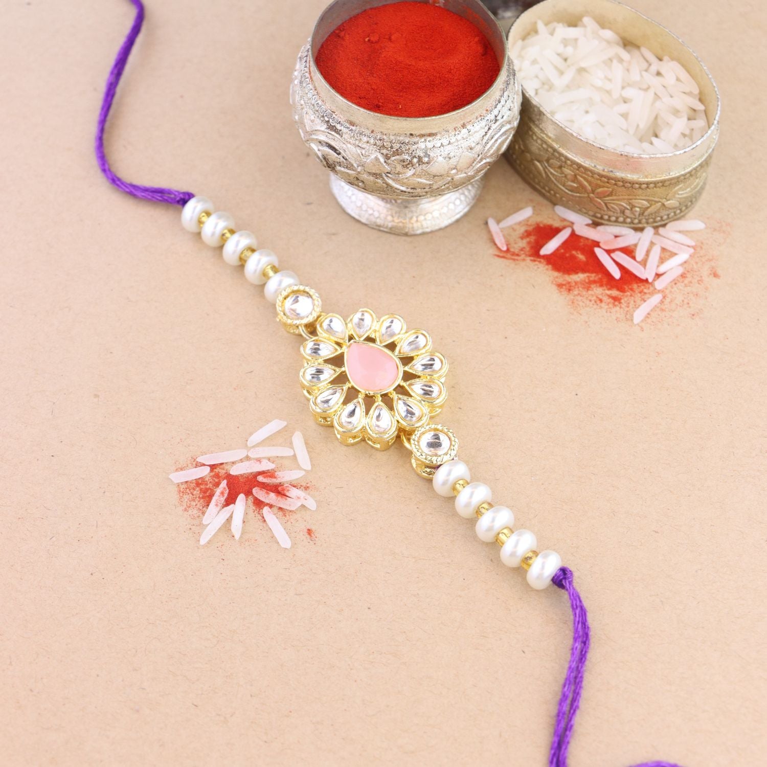 Beautiful Kundan & Pearl Rakhi with Roli Chawal & Card