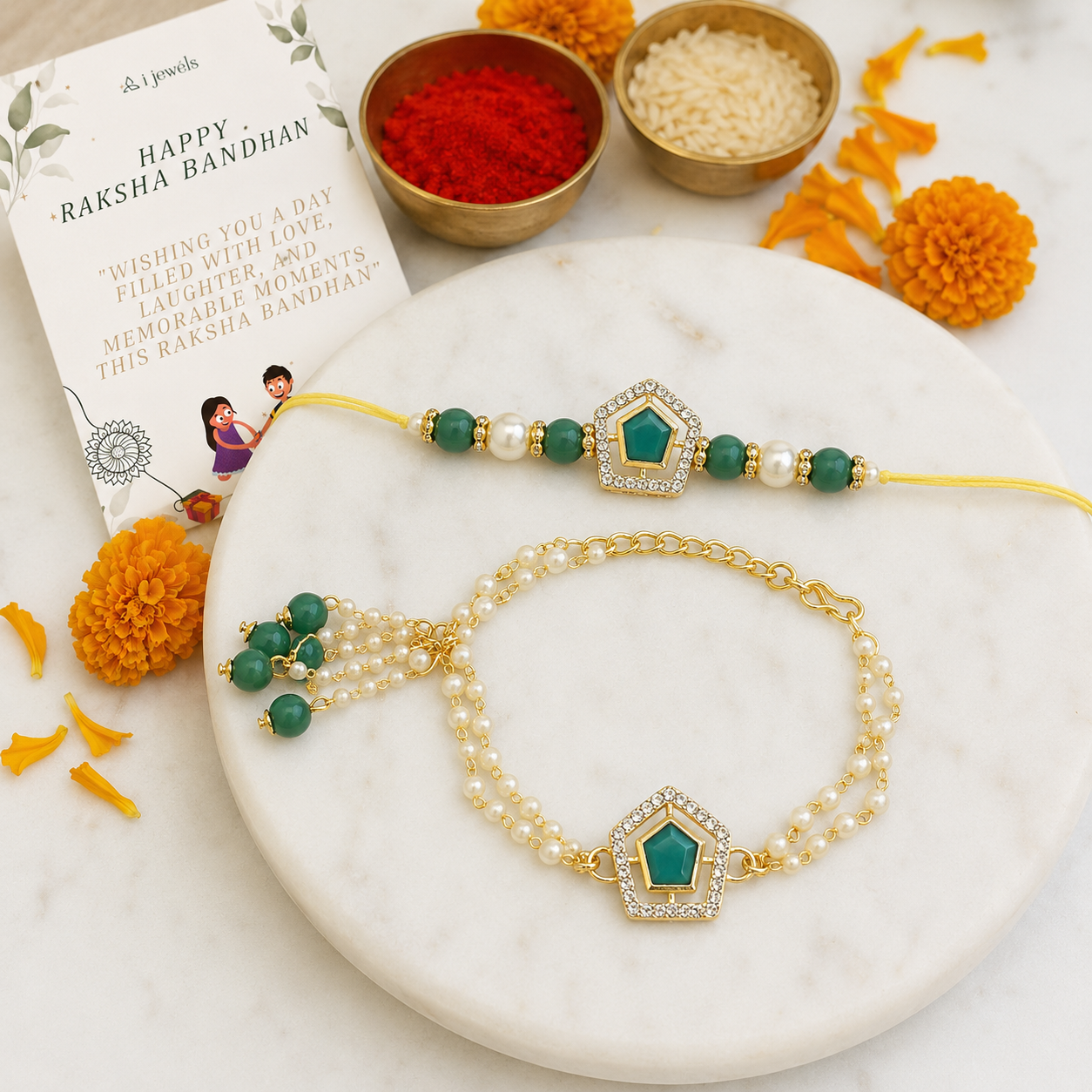 Elegant Bhaiya Bhabhi Lumba & Pearl Rakhi With Roli Chawal & Card