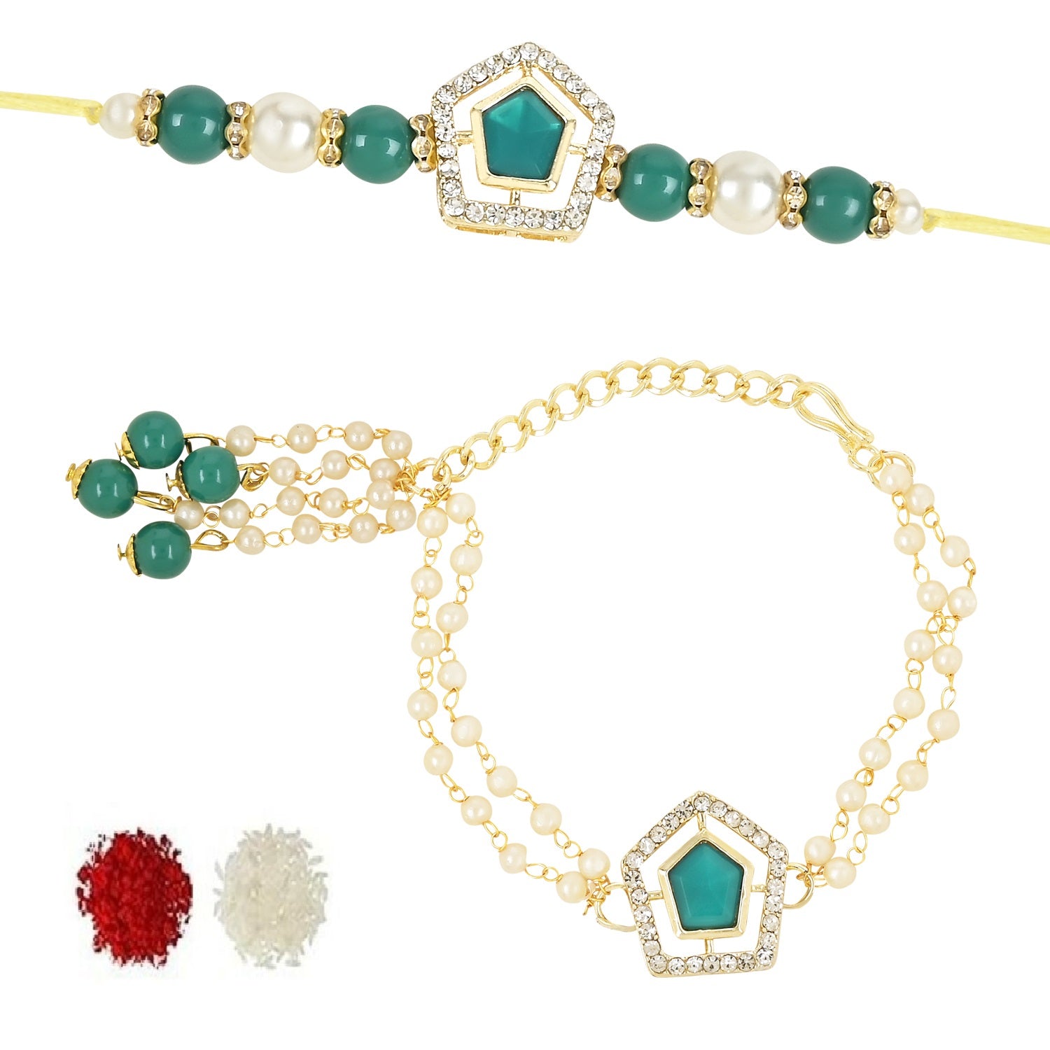 Elegant Bhaiya Bhabhi Lumba & Pearl Rakhi With Roli Chawal & Card