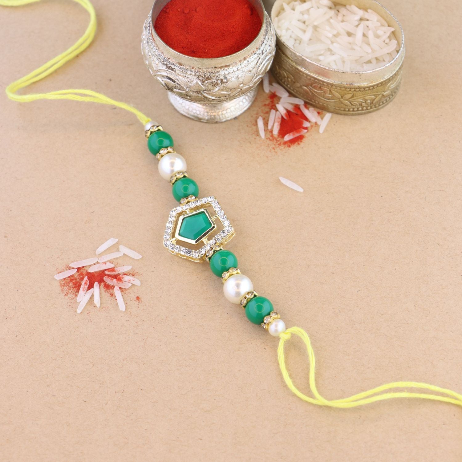 Beautiful Kundan & Pearl Rakhi with Roli Chawal & Card