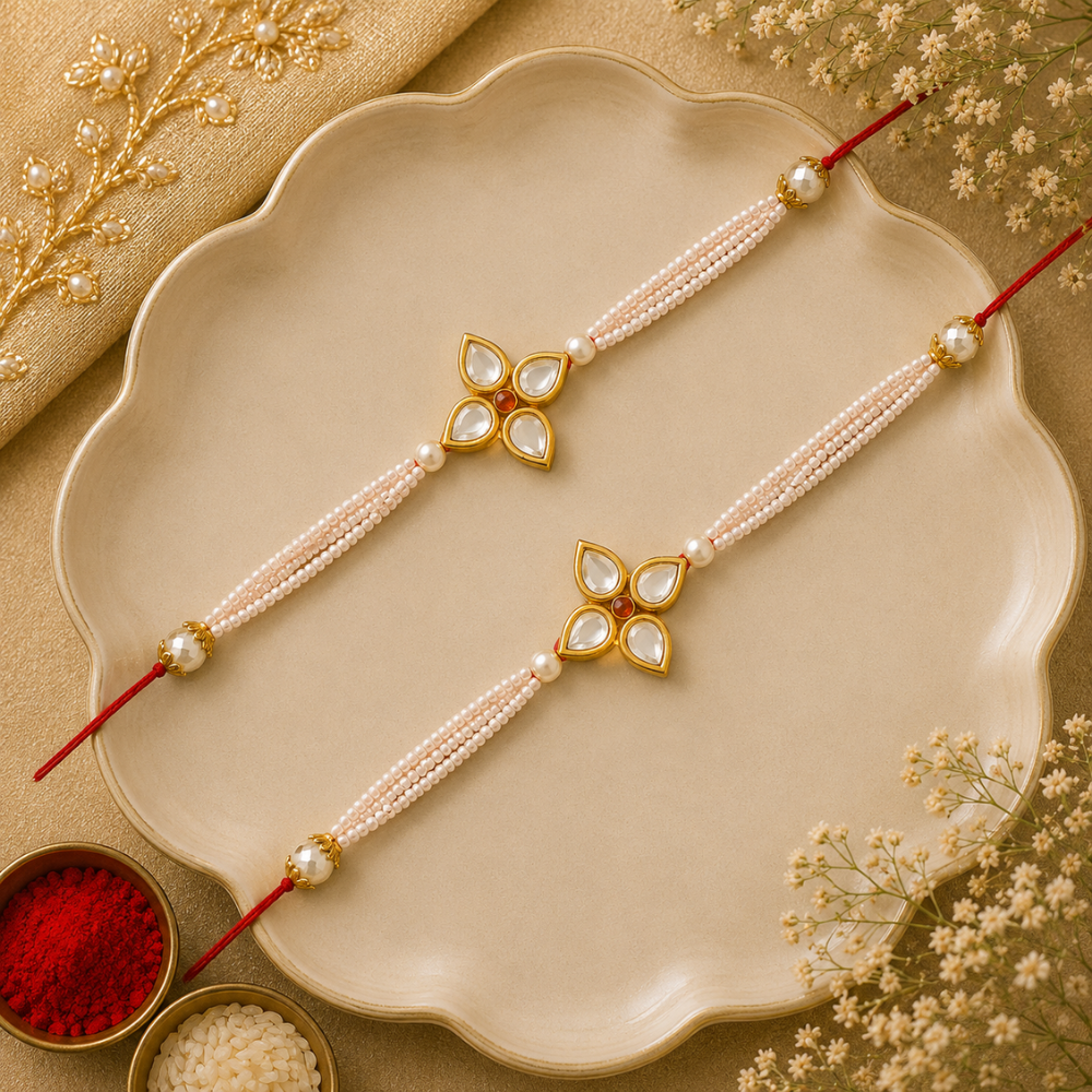 Beautiful Kundan & Pearl Rakhi with Roli Chawal & Card (Pack of 2)