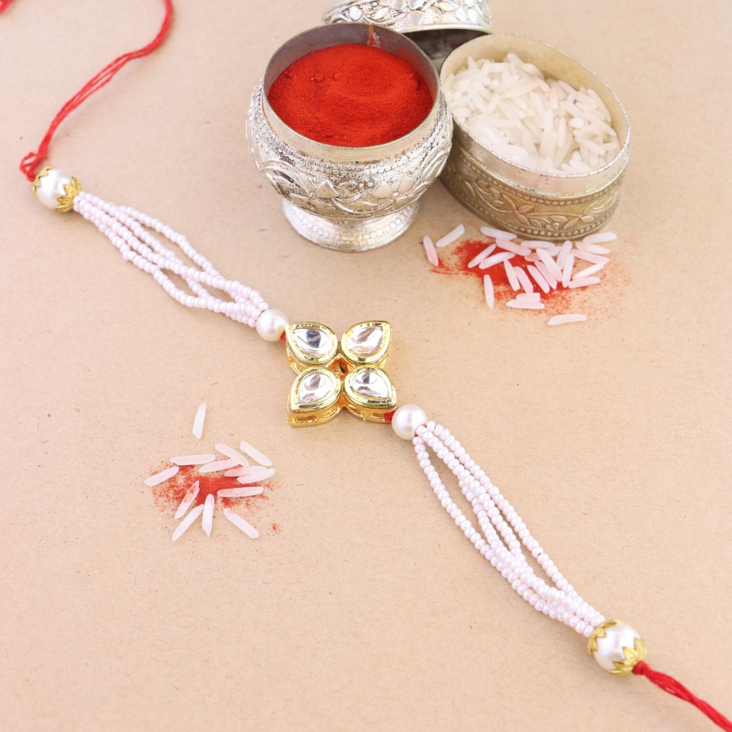 Beautiful Kundan & Pearl Rakhi with Roli Chawal & Card