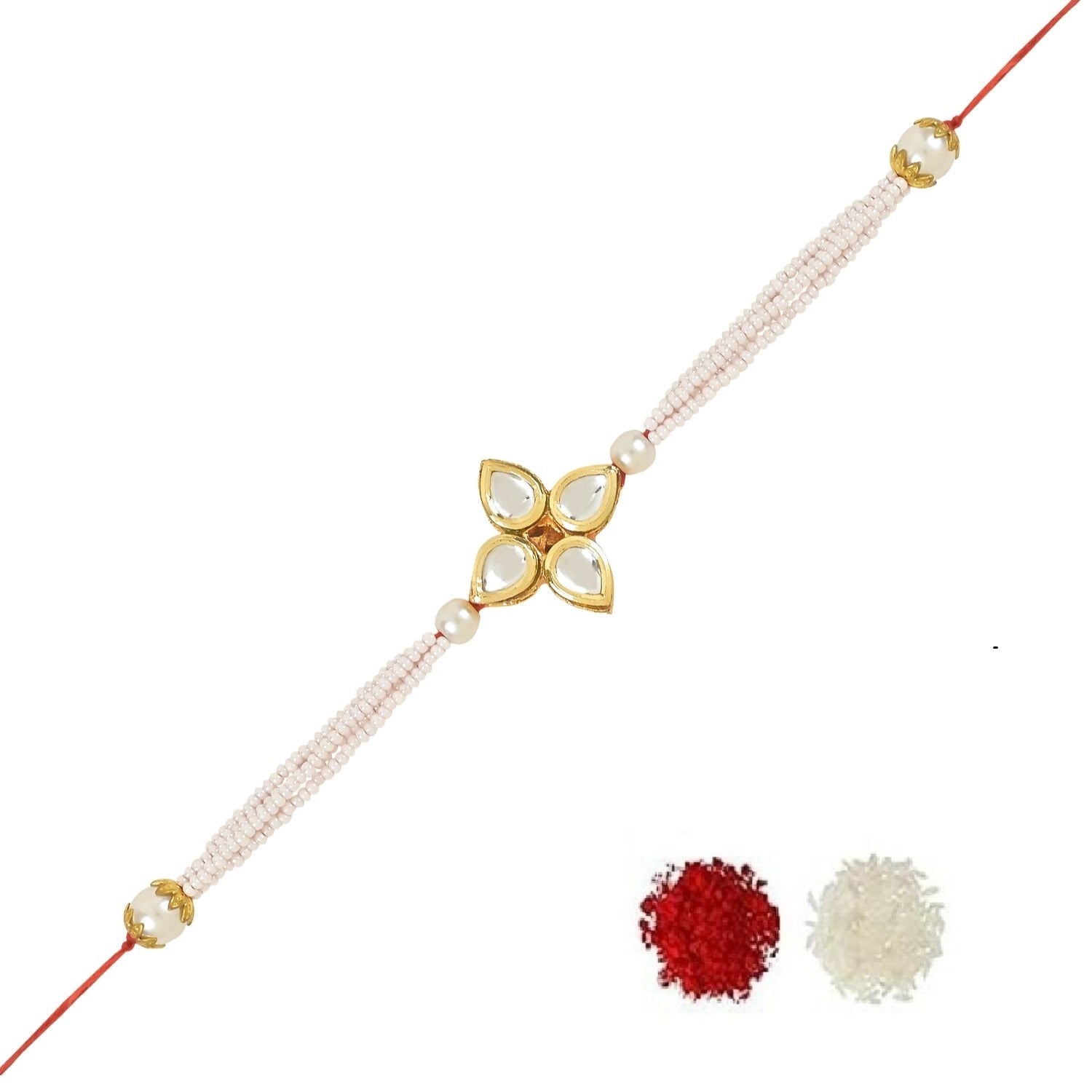 Beautiful Kundan & Pearl Rakhi with Roli Chawal & Card